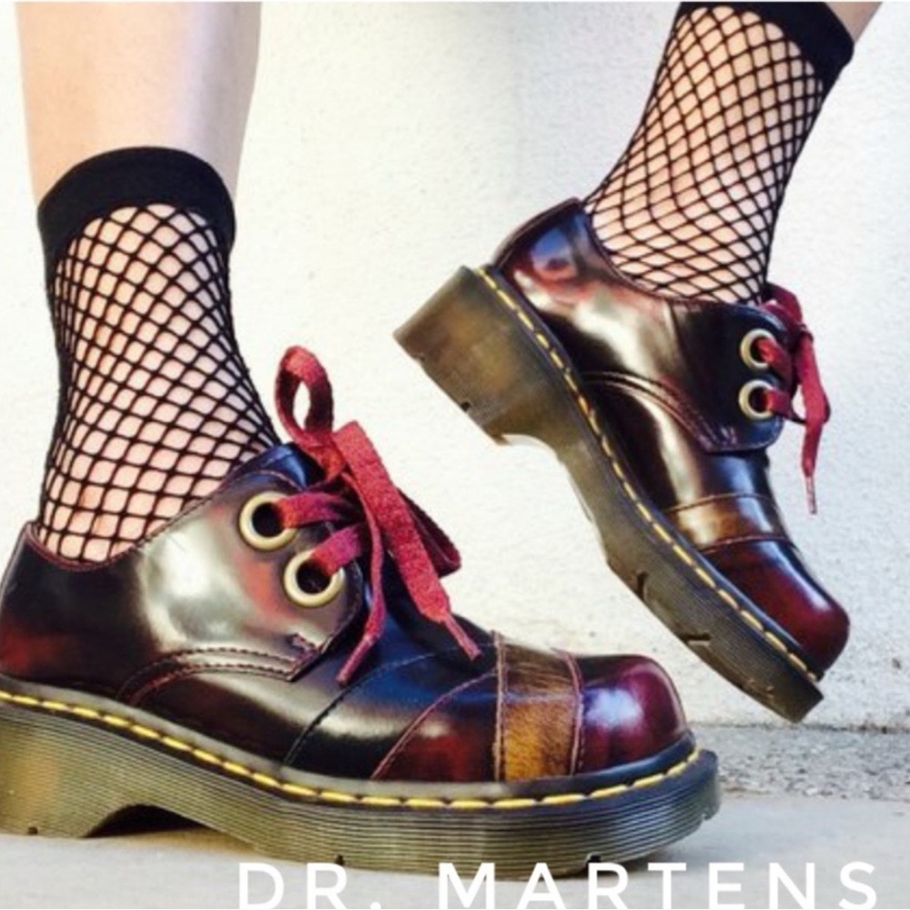 Dr. Martens Burgundy Red Platform Shoes with Yellow Stitching